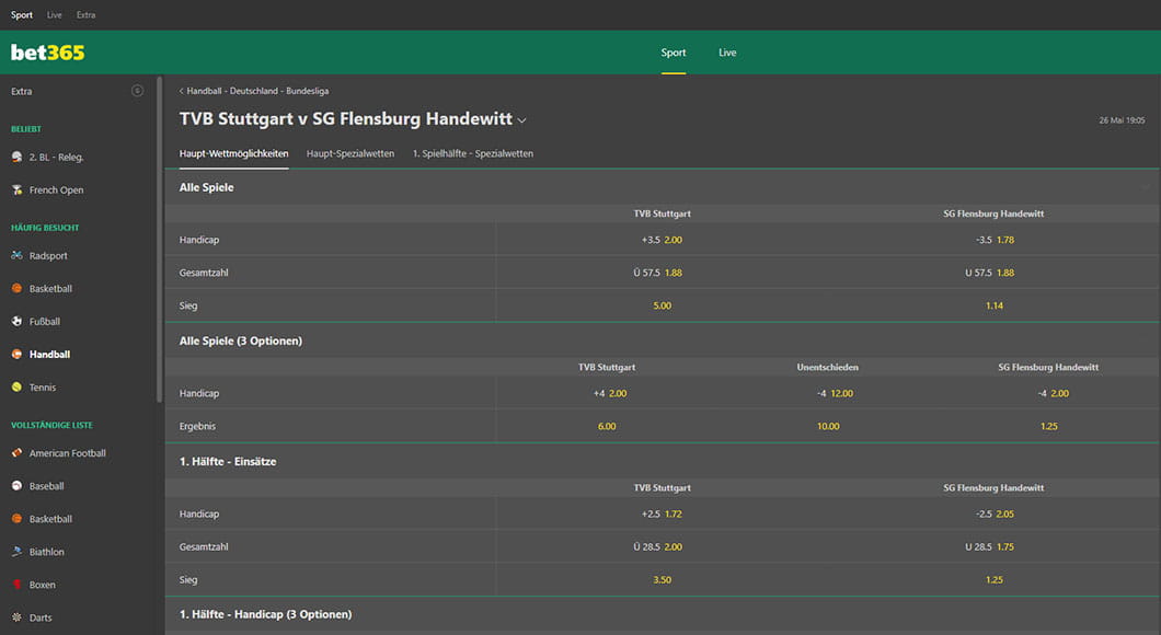 Handball Wetten auf der bet365 Webseite.