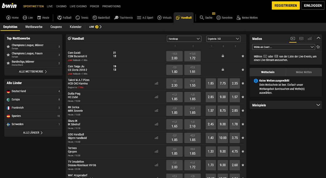 Handball Wetten auf der bwin Webseite.