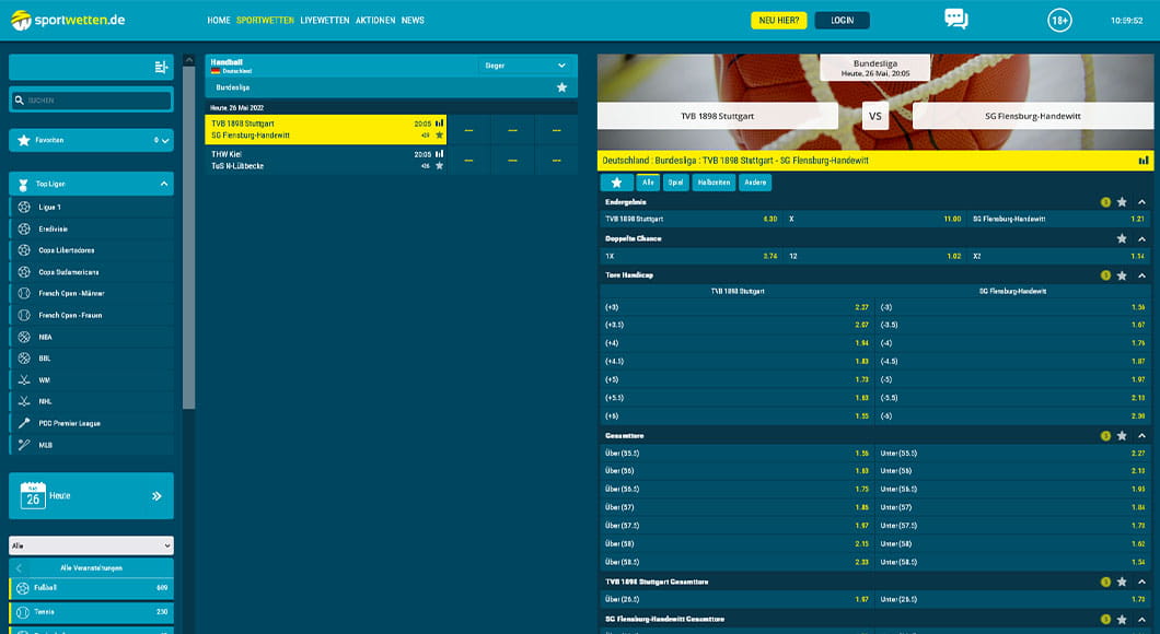 Handball Wetten auf der sportwetten.de Webseite.