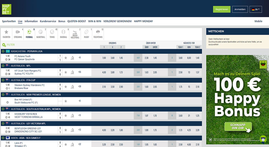 Die Live Wetten auf der Homepage von HAPPYBET