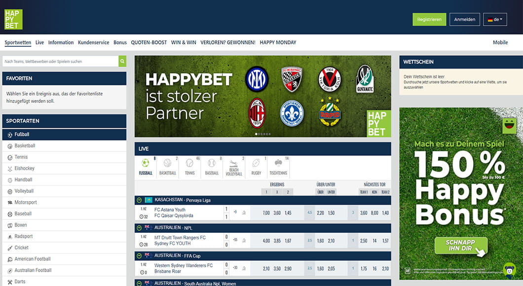 Die HAPPYBET Webseite mit dem Sportwetten Angebot