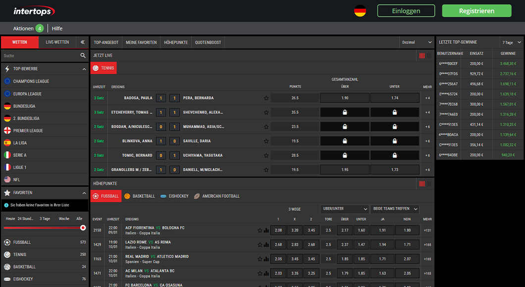  Die Intertops Webseite mit dem Sportwetten Angebot