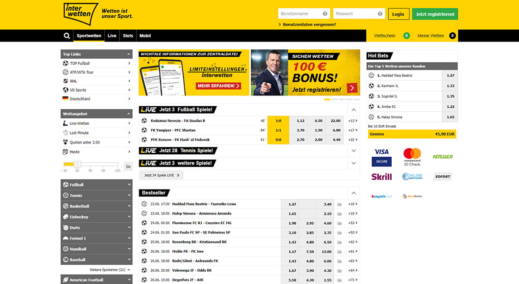 Die Interwetten Webseite mit dem Sportwetten Angebot