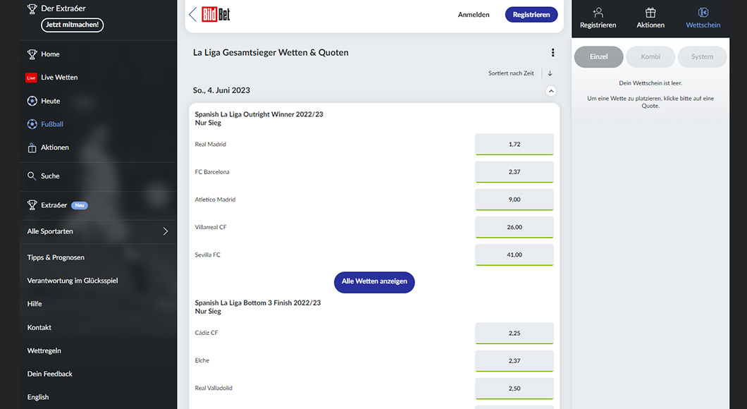 La Liga Wetten auf der BildBet Homepage.