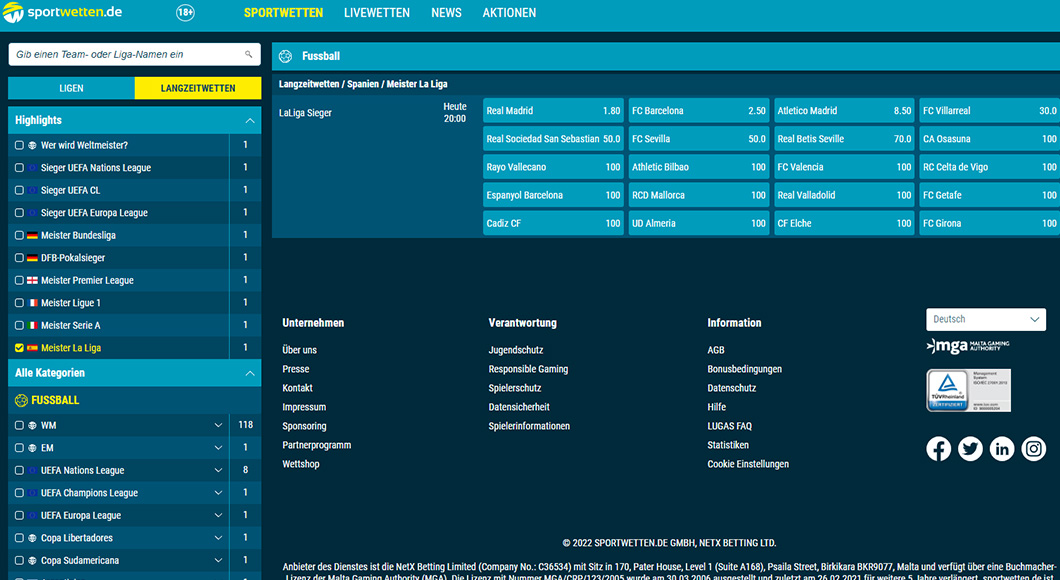 La Liga Wetten auf der sportwetten.de Homepage.