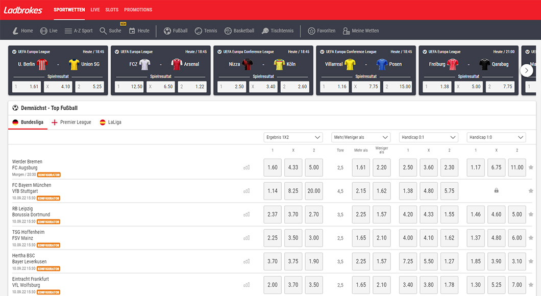 Die Ladbrokes Webseite mit dem Sportwetten Angebot