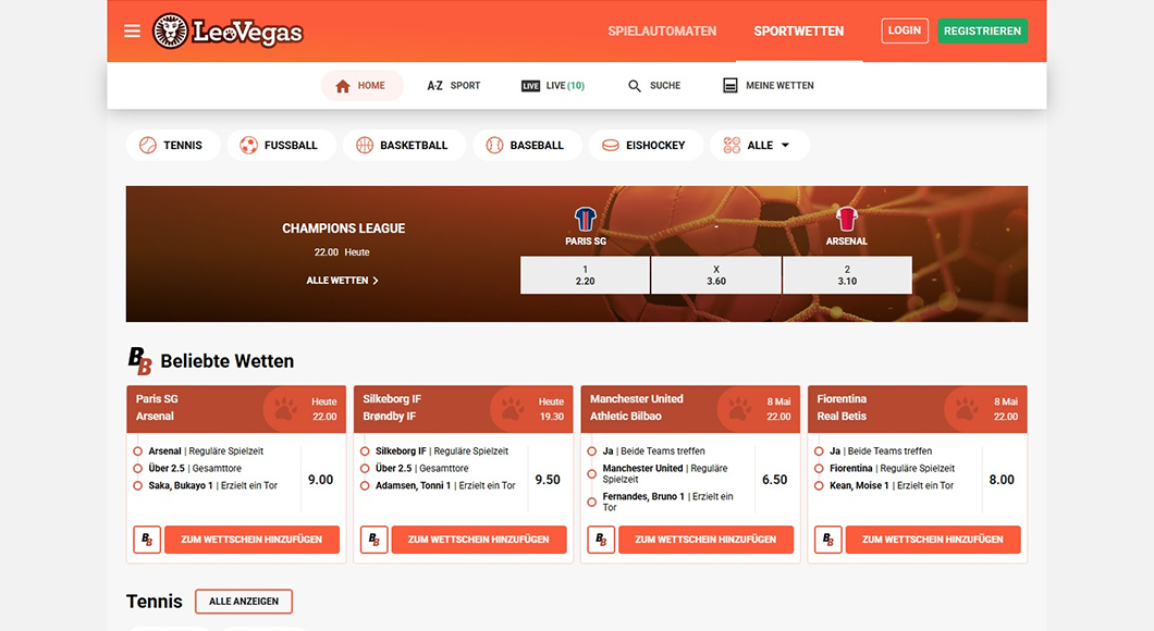 Die LeoVegas Webseite mit dem Sportwetten Angebot