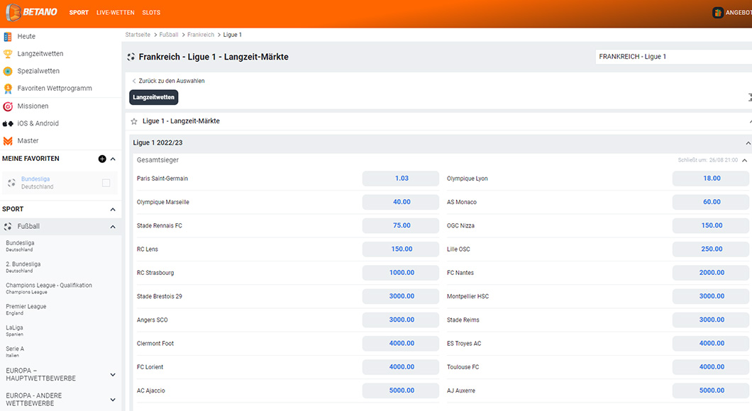 Ligue 1 Wetten auf der Betano Homepage.
