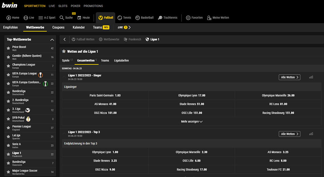 Ligue 1 Wetten auf der bwin Homepage.