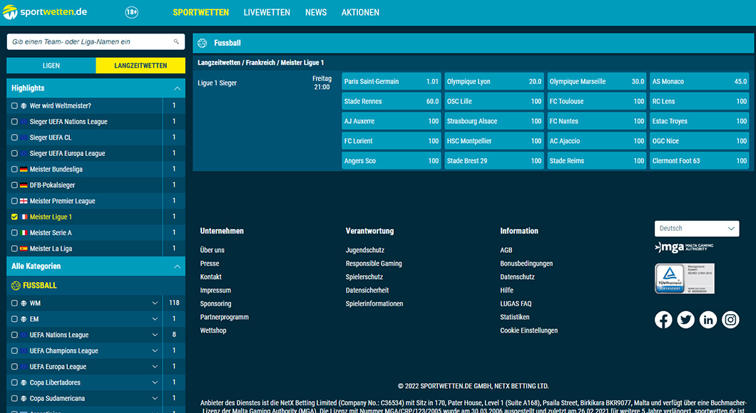 Ligue 1 Wetten auf der sportwetten.de Homepage.