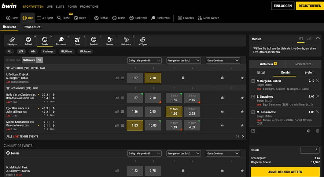 Tennis Live Wetten Märkte von bwin