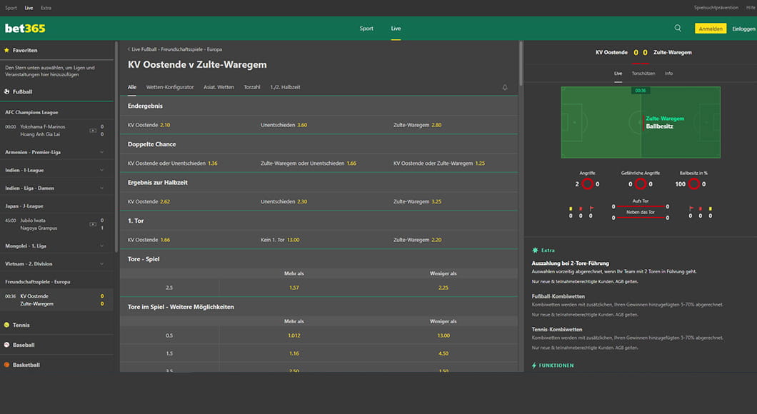 Live Wetten auf der bet365 Sportwetten Webseite.