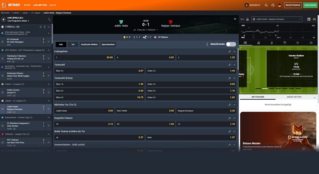 Live Wetten auf der Betano Webseite.