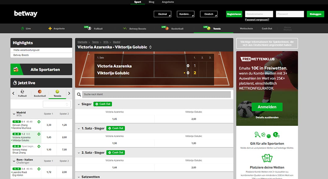 Live Wetten auf der Betway Webseite.