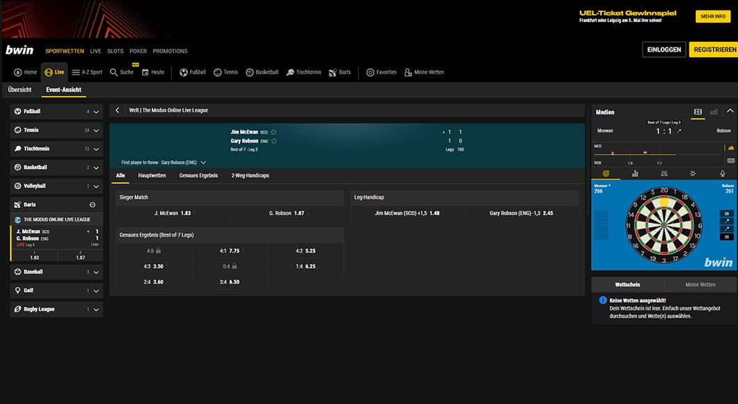 Live Wetten auf der bwin Webseite.