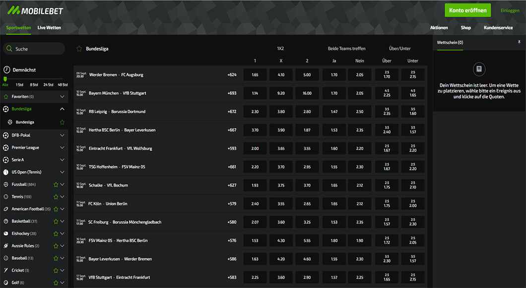 Die Mobilebet Webseite mit dem Sportwetten Angebot