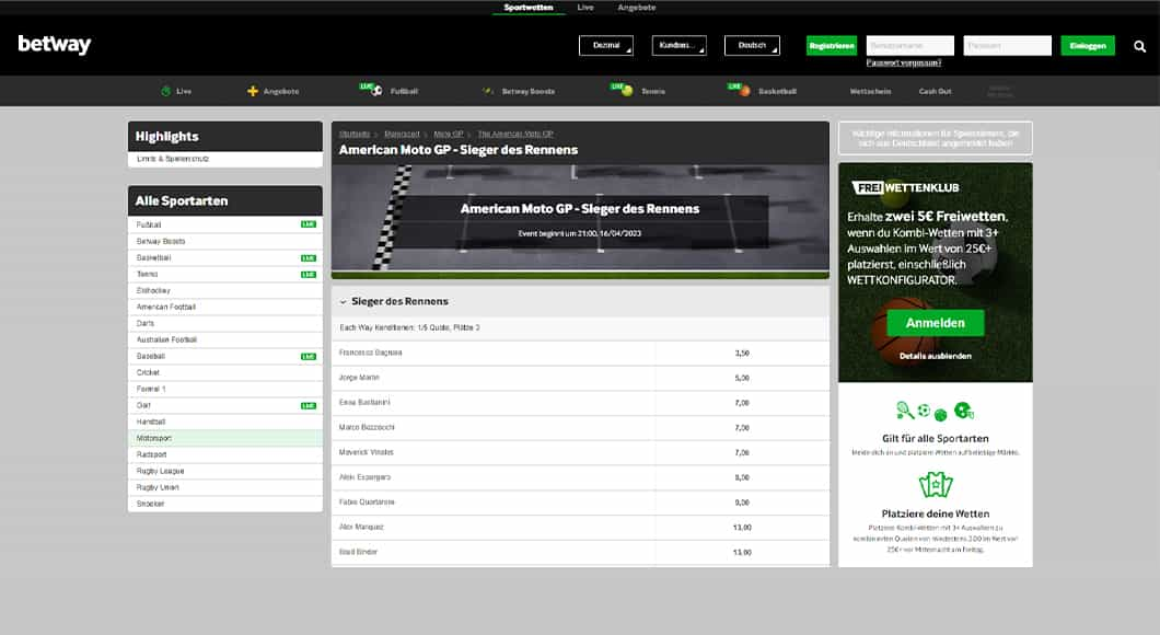  MotoGP Wetten auf der Betway Homepage.