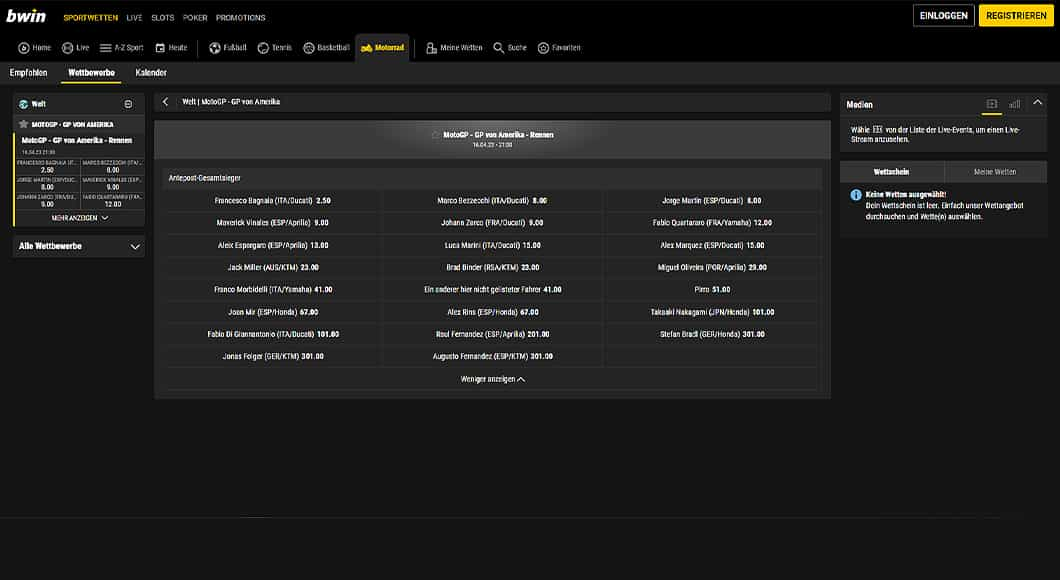  MotoGP Wetten auf der bwin Homepage.
