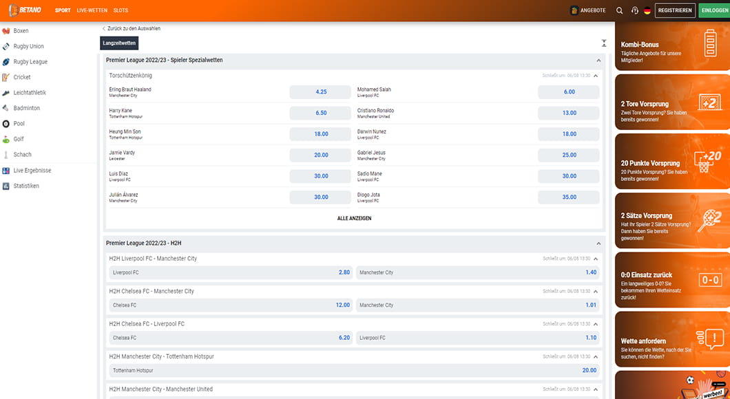 Premier League Wetten auf der Betano Homepage.