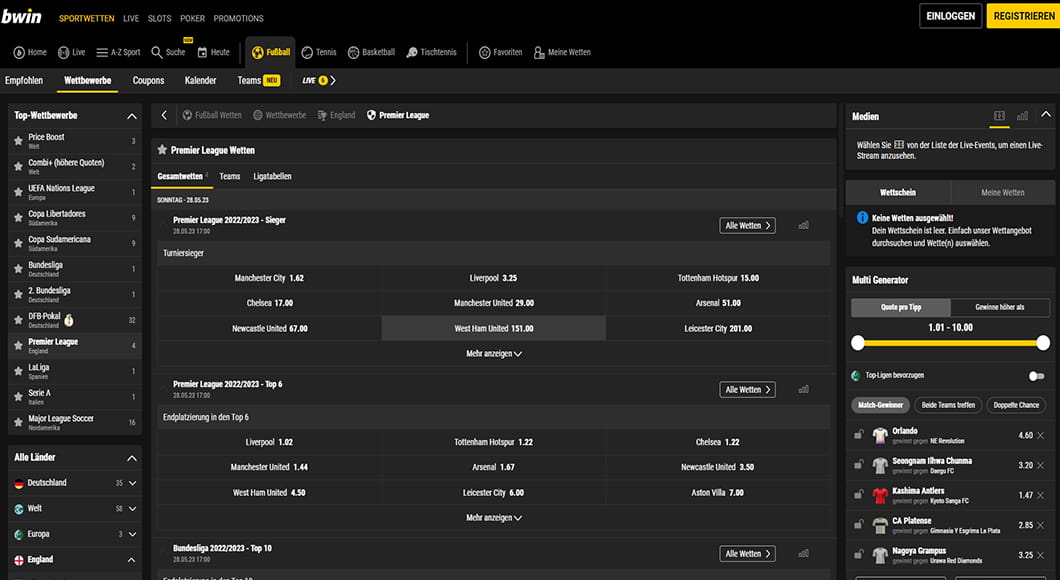 Premier League Wetten auf der bwin Homepage.