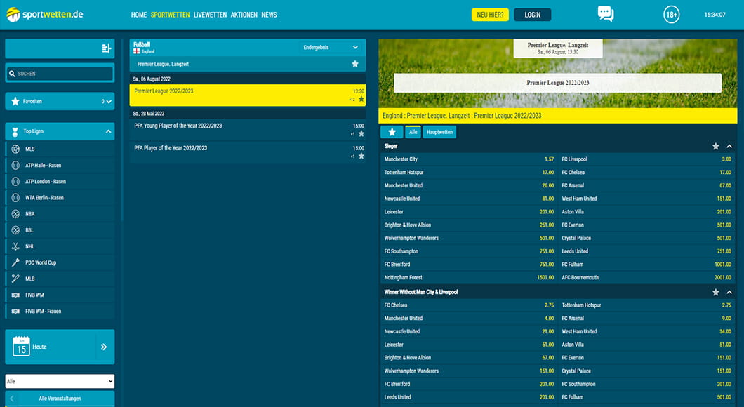 Premier League Wetten auf der sportwetten.de Homepage.