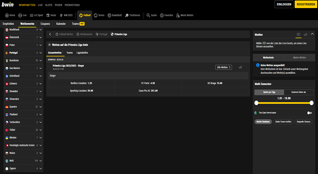 Primeira Liga Wetten auf der bwin Homepage.