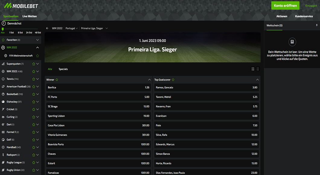 Primeira Liga Wetten auf der Mobilebet Homepage.