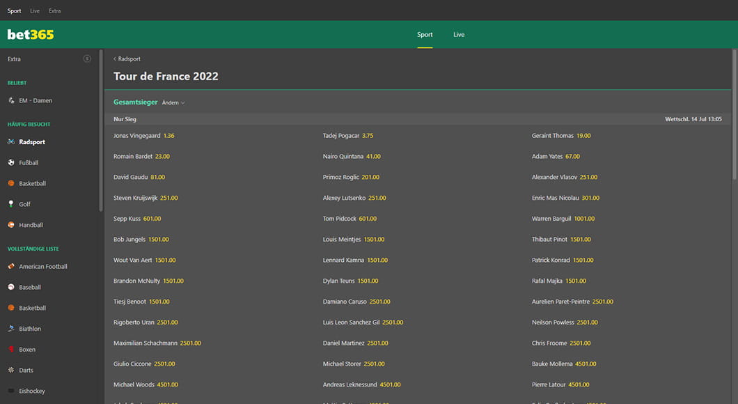 Radsport Wetten auf der bet365 Webseite.