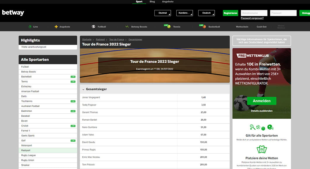 Radsport Wetten auf der Betway Webseite.