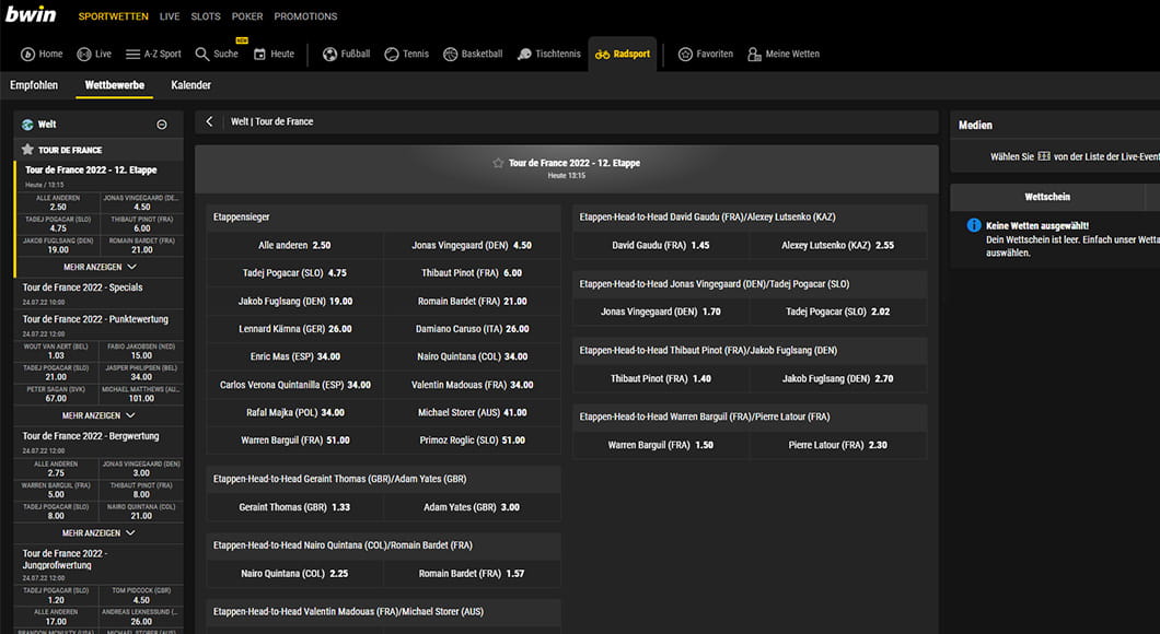 Radsport Wetten auf der bwin Webseite.