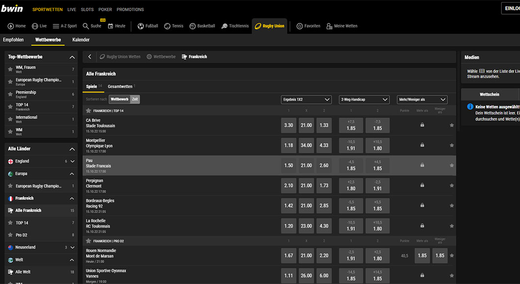 Rugby Wetten auf der bwin Webseite.