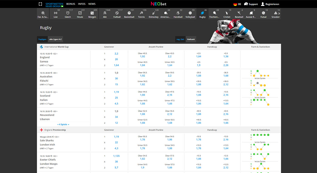 Rugby Wetten auf der NEO.bet Webseite.