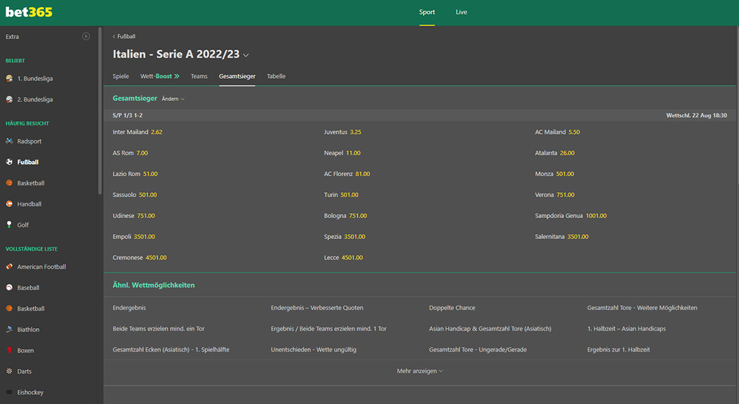 Serie A Wetten auf der bet365 Homepage.