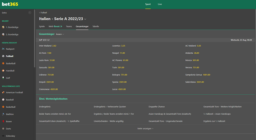 Serie A Wetten auf der bet365 Homepage.