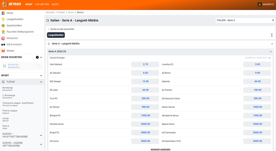 Serie A Wetten auf der Betano Homepage.