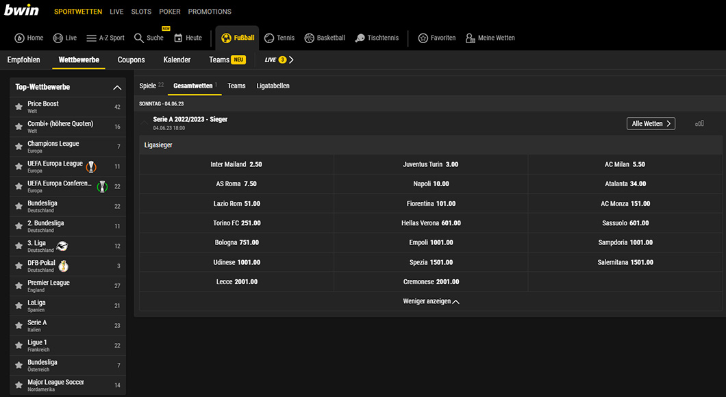 Serie A Wetten auf der bwin Homepage.