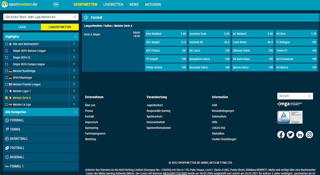 Serie A Wetten auf der sportwetten.de Homepage.