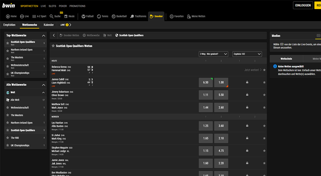 Snooker Wetten auf der bwin Webseite.