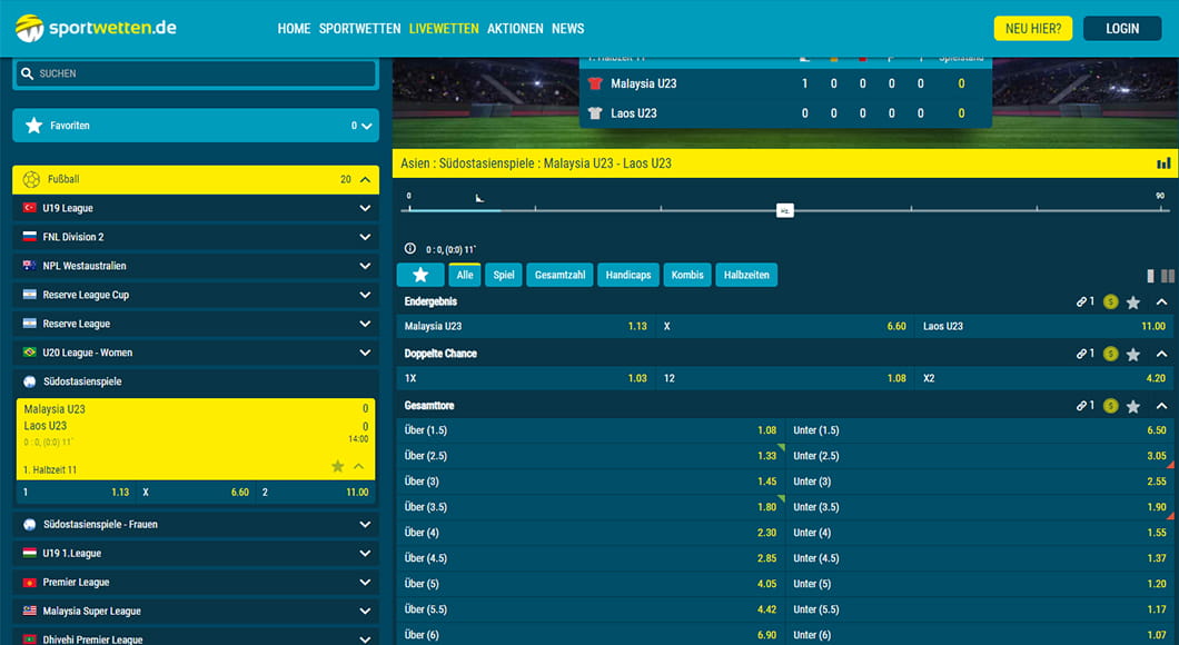 Die Live Wetten auf der Homepage von sportwetten.de