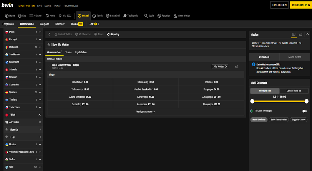 Süper Lig Wetten auf der bwin Homepage.