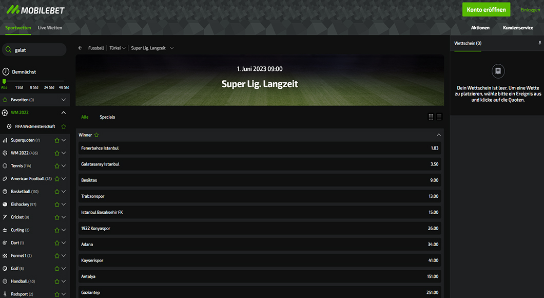 Süper Lig Wetten auf der Mobilebet Homepage.