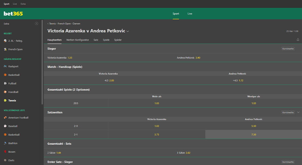 Tennis Wetten auf der bet365 Webseite.