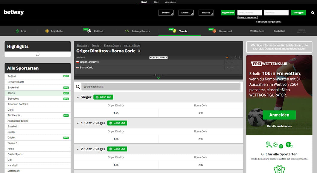 Tennis Wetten auf der Betway Webseite.