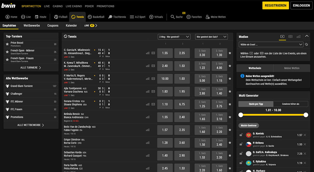 Tennis Wetten auf der bwin Webseite.