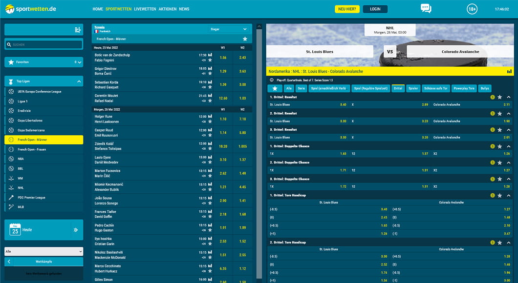 Tennis Wetten auf der sportwetten.de Webseite.