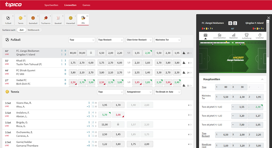 Die Live Wetten auf der Homepage von Tipico