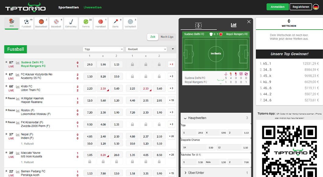 Die Live Wetten auf der Homepage von Tiptorro