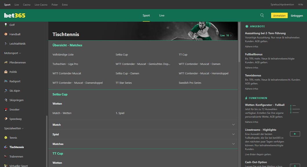 Tischtennis Wetten auf der bet365 Webseite.