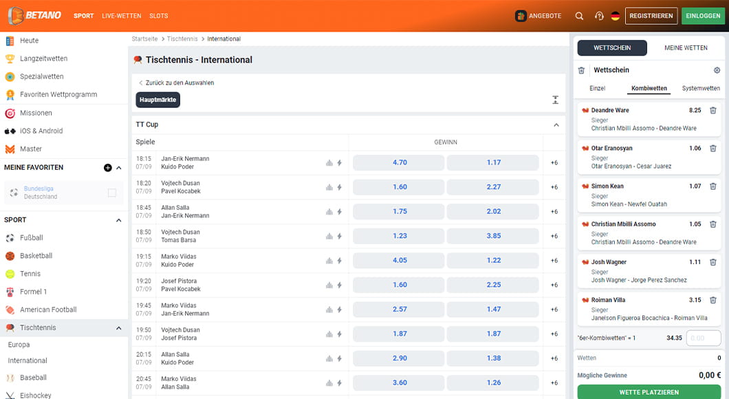 Tischtennis Wetten auf der Betano Webseite.