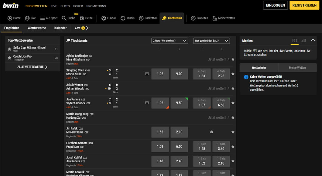 Tischtennis Wetten auf der bwin Webseite.